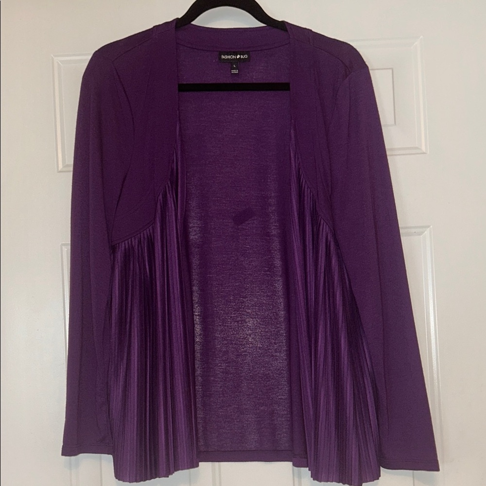 Fashion Bug Accordion Pleated Open Cardigan L Purple NWOT Knit Casual Career